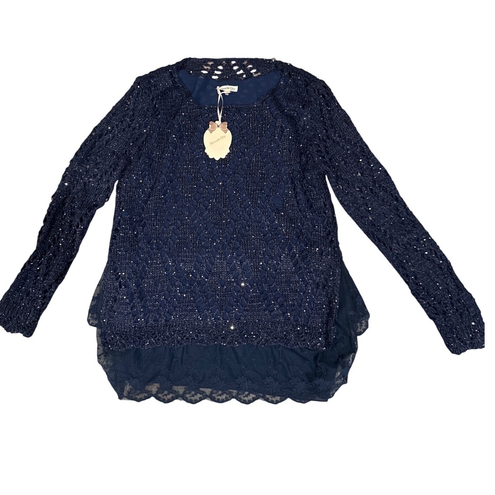 Miracle City Women's S/M Boho Navy Blue Crochet Sequin Layered Lace Trim Top NWT